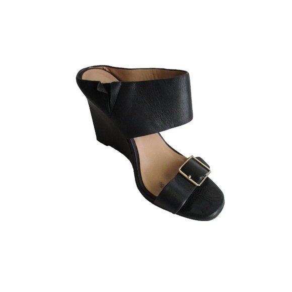 *Ann Taylor Black Slip-On Pumps Wide Strap Wedge Heels - Picture 1 of 7